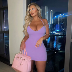 Summer Women Fashion Halter Neck Lace-Up Solid Color Backless Sexy Tight Dress