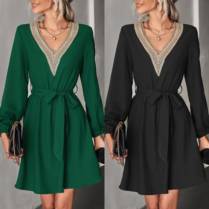 Autumn Winter Women Fashion V Neck Lace Long Sleeve Casual Dress