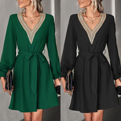 Autumn Winter Women Fashion V Neck Lace Long Sleeve Casual Dress