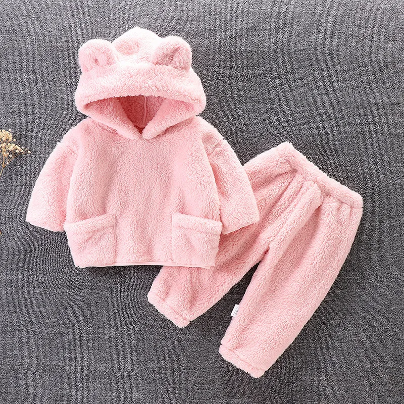 Kids Toddler Boys Girls Autumn Winter Casual Cute Solid Color Flannel Long Sleeve Hoodies Trousers Sets