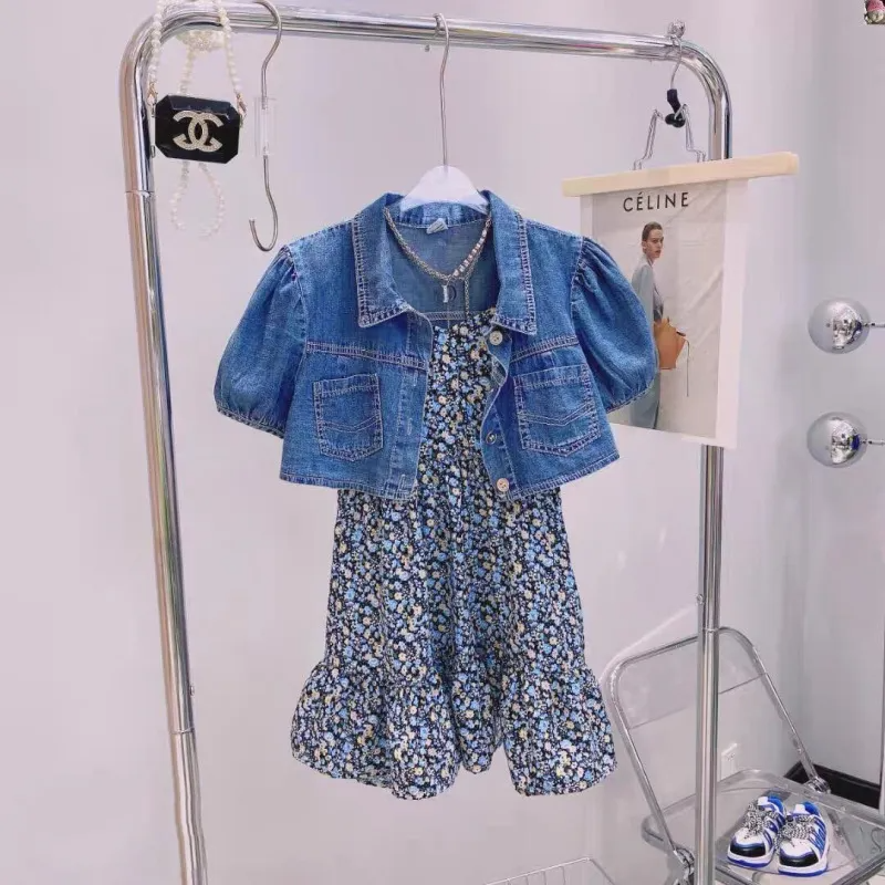 Children Kids Toddler Girls Denim Top Coat And Flower Suspender Dress 2pcs Set