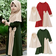 Children Kids Baby Fashion Girls Long-Sleeved Plain Color Dress And Headscarf Muslim 2pc Set