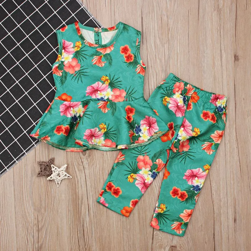 2 Pcs Set Fresh Style Girl Floral Print Tops And Pants