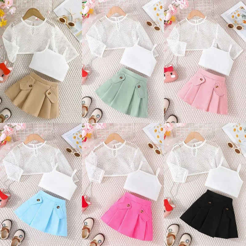 Kids Toddler Girls Summer Casual Cute Solid Color Mesh Long Sleeve Top Camisole Skirt 3-Piece Set