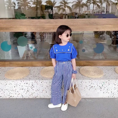 Children Kids Baby Fashion Girls Casual Short Sleeve Cute Top And Plaid Print Pants 2pcs Set