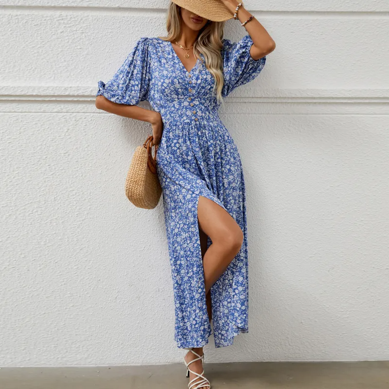 Bohemian Vacation Women V-Neck Side Slit Dress