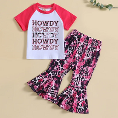 Kids Toddler Girls Summer Fashion Casual Cotton Letter Color Matching Round Neck Short Sleeve Leopard Flare Trousers Set