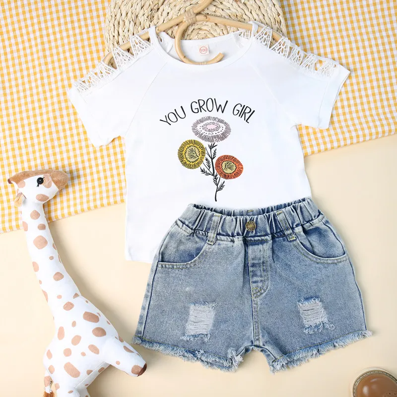 Children Kids Toddlers Fashion Girls Printed Hollow Lace T-Shirt Top And Ripped Denim Shorts 2pcs Set