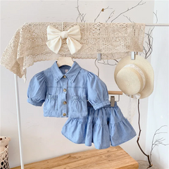 Girls Basic Puff Sleeve Lapel Single-Breasted Top And Skirt Denim Two-Piece Set