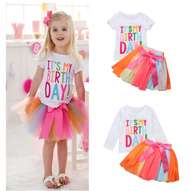 Kids Toddler Girls Party Casual Cute Rainbow Letter Round Neck Long Sleeve Short Sleeve Skirts Set