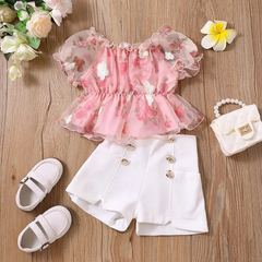 Children Kids Baby Fashion Girls Short Sleeve Flower Top And Shorts 2pcs Set