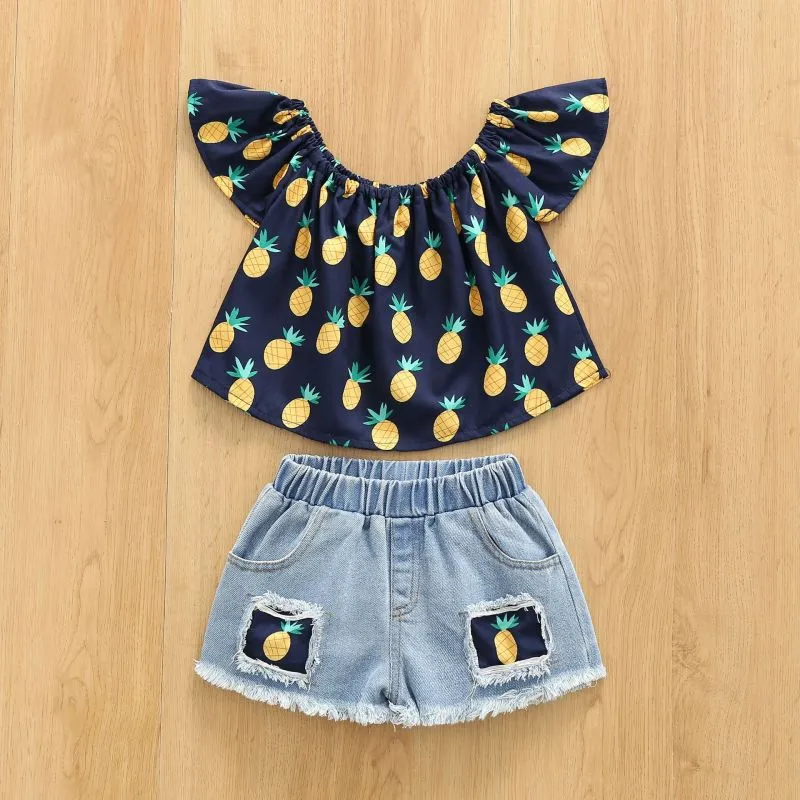 Children Kids Baby Fashion Girls Rufflr Sleeve Pineapple Print Top And Denim Shorts 2pcs Set