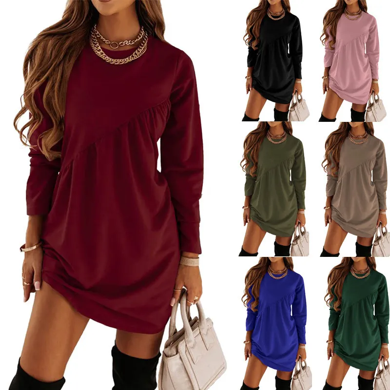 Autumn Winter Solid Color Long-Sleeved Irregular Round Neck Long Casual Solid Color Dress