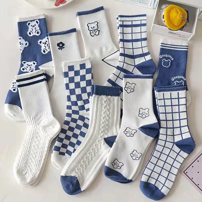 5 Pairs/Dozen Women Cute Blue Series Bear Printed Cotton Socks