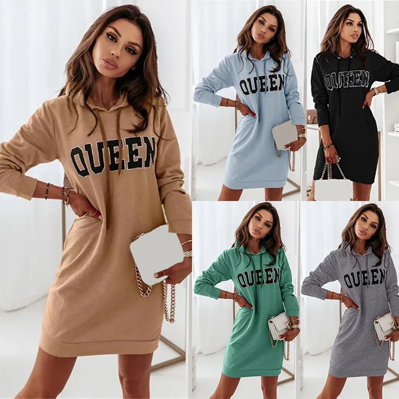 Autumn Winter Women Casual Long-Sleeved Hooded Letter Dress