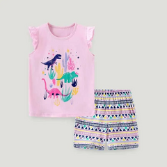 Kids Toddler Girls Casual Cute Cartoon Print Fluttering Sleeve Round Neck T-Shirt Shorts Set