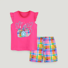 Kids Toddler Girls Casual Cute Cartoon Print Fluttering Sleeve Round Neck T-Shirt Plaid Shorts Set