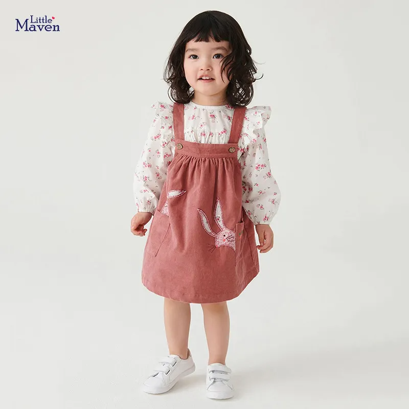 Kids Toddler Big Girls Fashion Casual Cute Tiny Flower Long Sleeve Round Neck Solid Color Embroidery Rabbit Suspender Skirt Set