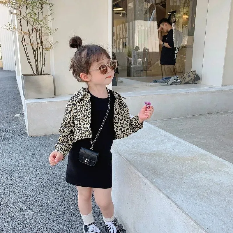 Girls Fashion Solid Color Long-Sleeves Dress And Leopard Coat Set