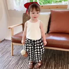 Girls Pure Color Backless Lace-Up Vest And Polka Dot Harem Pants