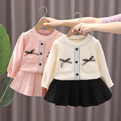 Kids Toddler Girls Autumn Winter Fashion Casual Simple Solid Color Bow Round Neck Sweater Pleated Skirt Set