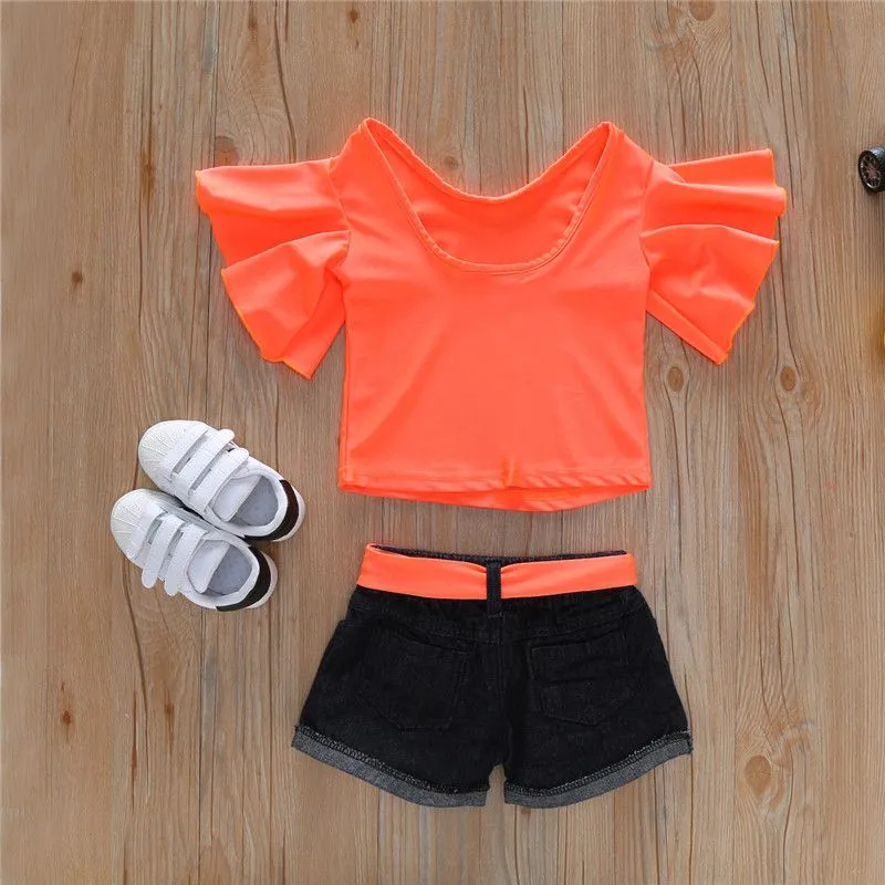 2 Pcs Fashion Girl Neon Color Ruffle Sleeves Tops And Shorts Set