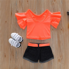 2 Pcs Fashion Girl Neon Color Ruffle Sleeves Tops And Shorts Set