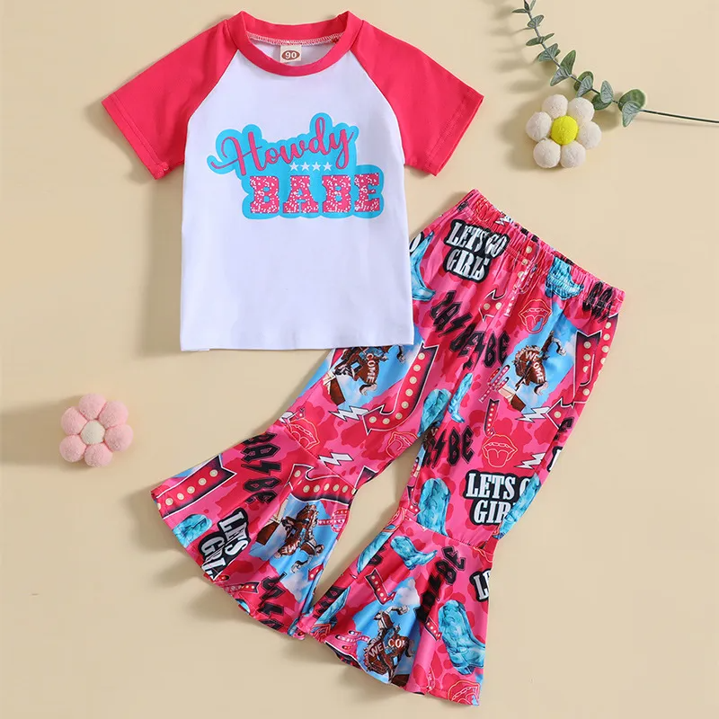 Kids Toddler Girls Summer Fashion Casual Cotton Letter Color Matching Round Neck Short Sleeve Flare Trousers Set