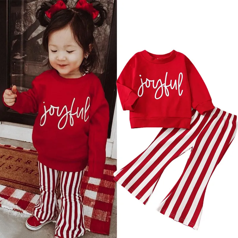 Kids Toddler Girls Casual Cute Christmas Letters Long Sleeve Sweatshirts Stripe Flared Pants Sets