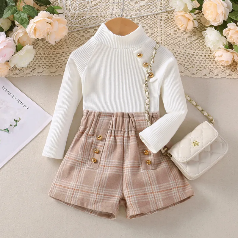 Kids Toddler Girls Fashion Casual Solid Color Long Sleeve Turtle Neck Sweater Stripe Shorts Sets