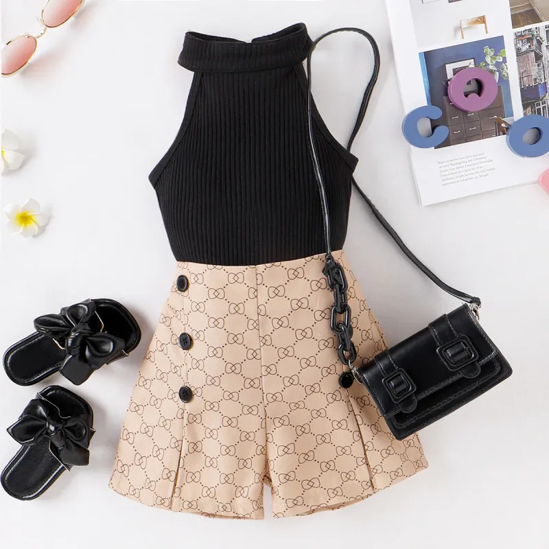 Kids Toddler Girls Casual Cute Solid Color Sleeveless Halter Neck Top Bow Print Shorts Set