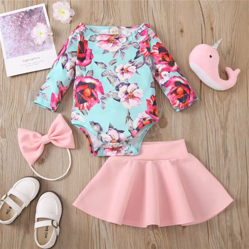 Flower Printing Long Sleeve Rompers And Solid Color Skirt With Headband Set