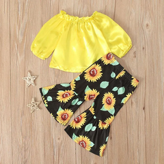 2 Pcs Set Kid Gir Yellow Tops And Sunflower Print Pants