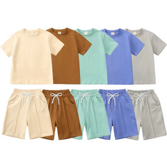 Children Kids Baby Fashion Girls Boys Basic Casual Short Sleeve Solid Color T-Shirt And Shorts 2pcs Set