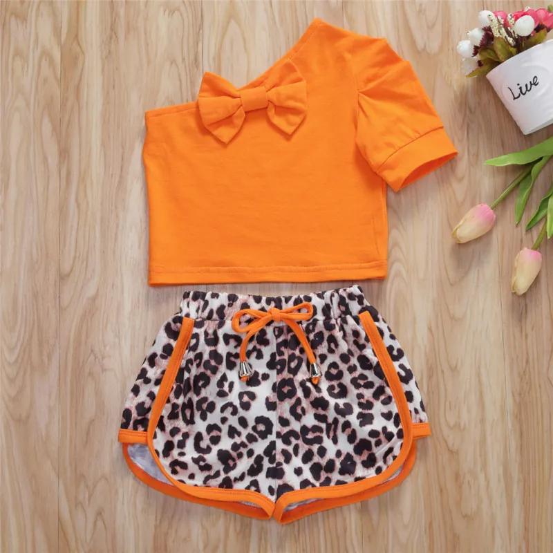 2pcs/Set Girl One-Shoulder Short Sleeve Leopard Shorts Set