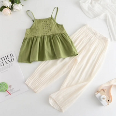 Children Kids Baby Fashion Girls Sleeveless Green Hollow Suspender Top And Solid Color Pants 2pcs Set