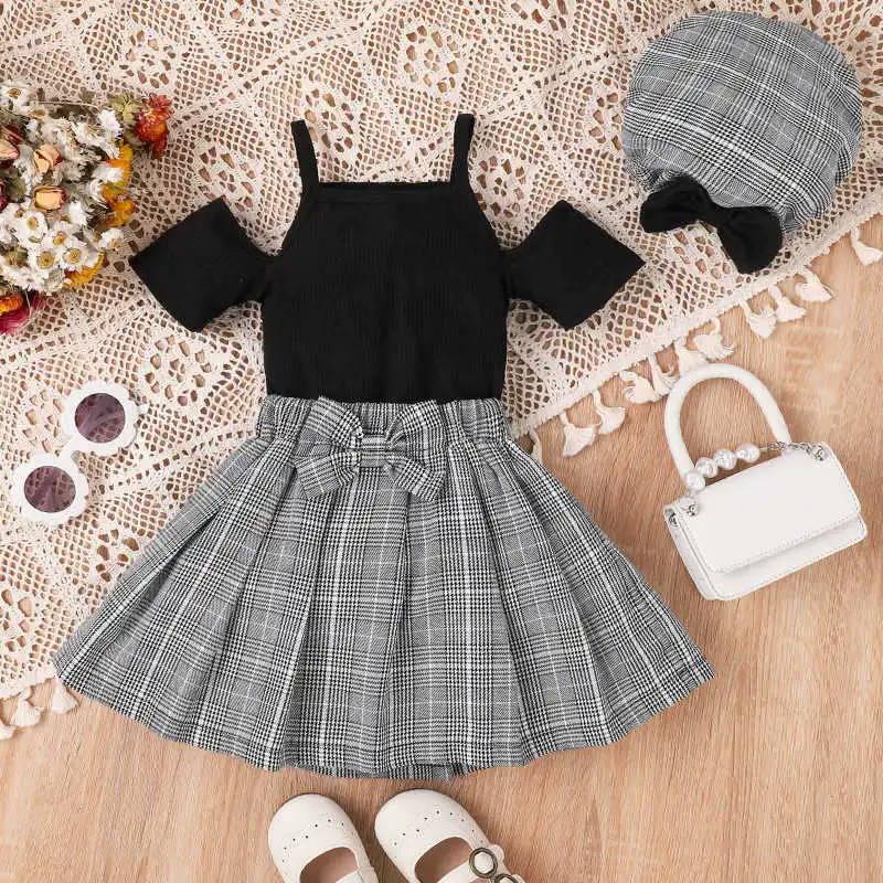 Kids Toddler Girls Fashion Casual Solid Color Off Shoulder Top Plaid Skirt Set