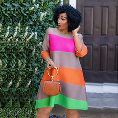 Women Loose Rainbow Color Block Crop Sleeve Swing Dress