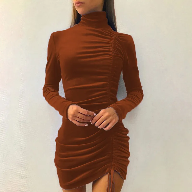 Women Elegant Solid Color Creased Drawstring Bodycon Dress