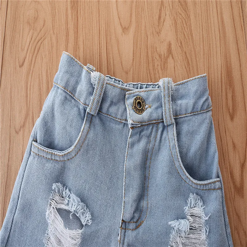 Girls Fashion Irregular Horn Sleeve Tops And Denim Shorts Set