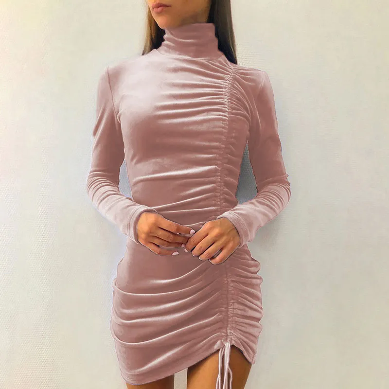 Women Elegant Solid Color Creased Drawstring Bodycon Dress