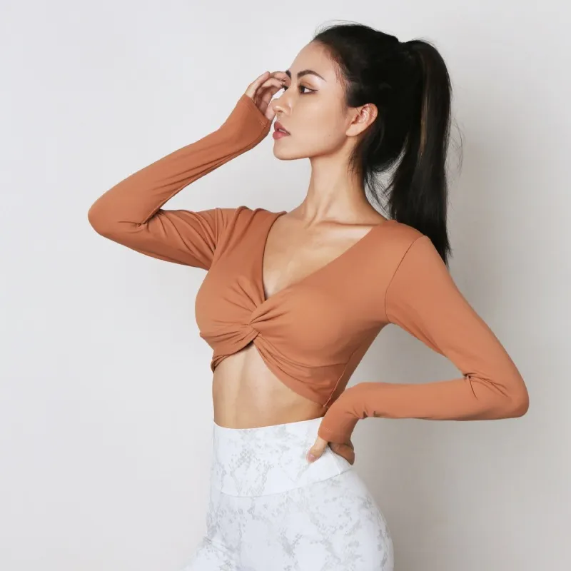 Fashion Sexy V-Neck Women'S Solid Color Long-Sleeved Sports Crop Tops