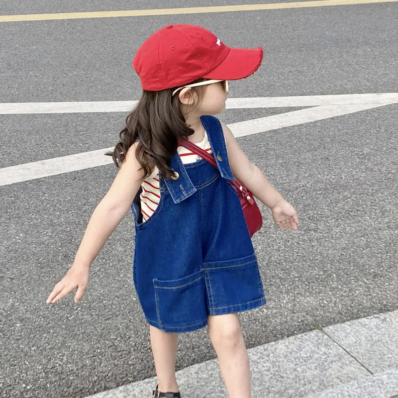 Children Kids Baby Fashion Girls Sleeveless Strips Top And Blue Denim Overalls 2pc Set