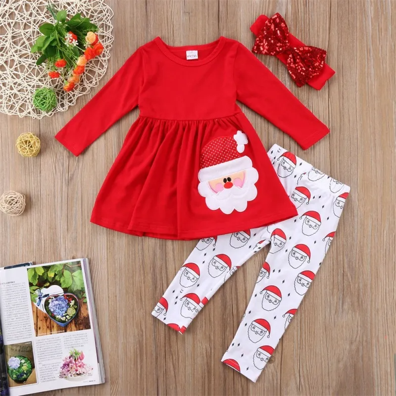 Kids Toddler Girls Party Santa Round Neck Long Sleeve Dress Pants Sets