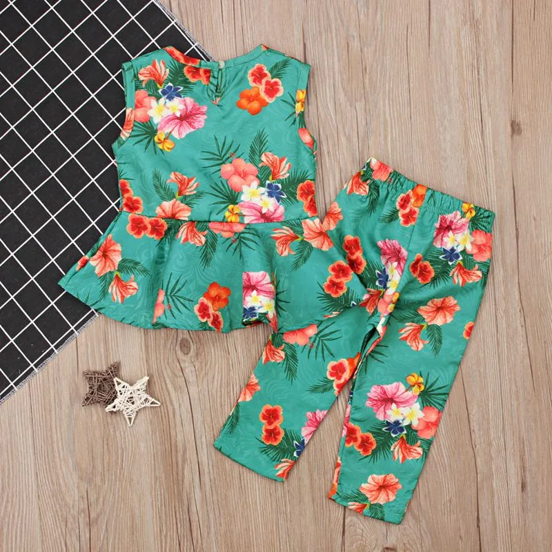 2 Pcs Set Fresh Style Girl Floral Print Tops And Pants