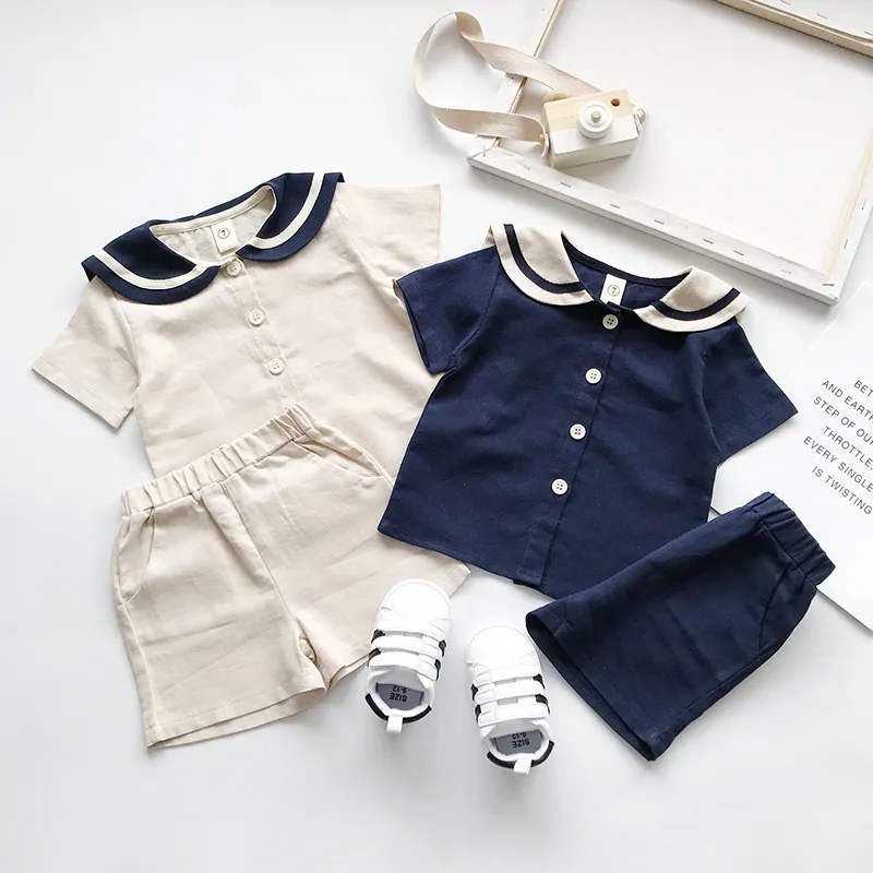 Children Kids Baby Fashion Boys Girls Short Sleeve Peter Pan Collar Shirt And Shorts 2pcs Set