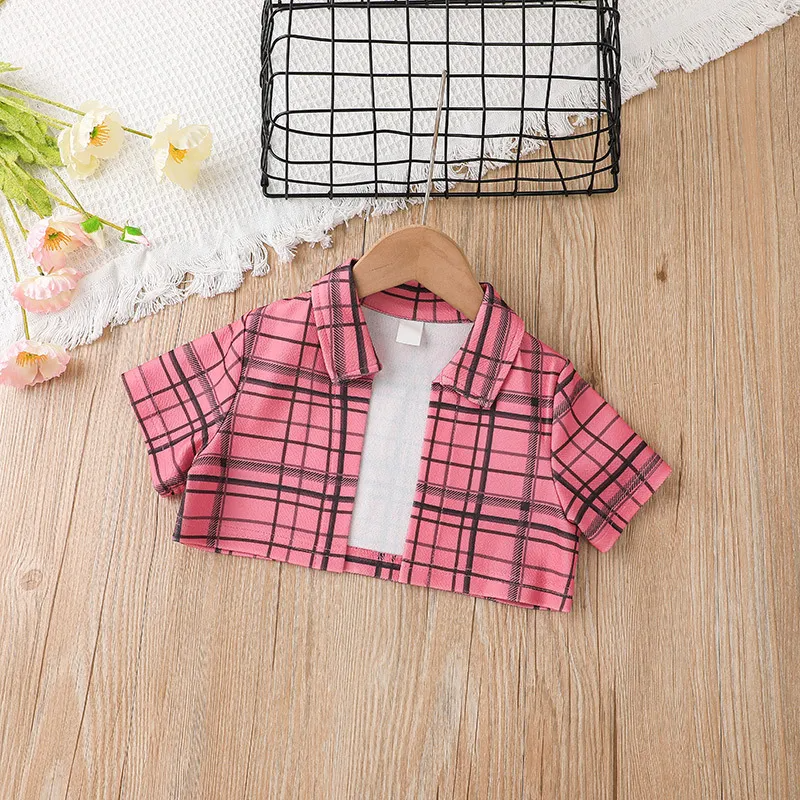 Children Kids Toddlers Fashion Girls Short Sleeve Plaid Top And Suspender Dress 2pcs Set