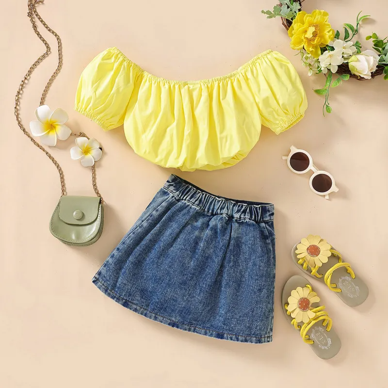 Children Kids Baby Fashion Girls Short Sleeve Tube Top And Denim Skirt 2pcs Set