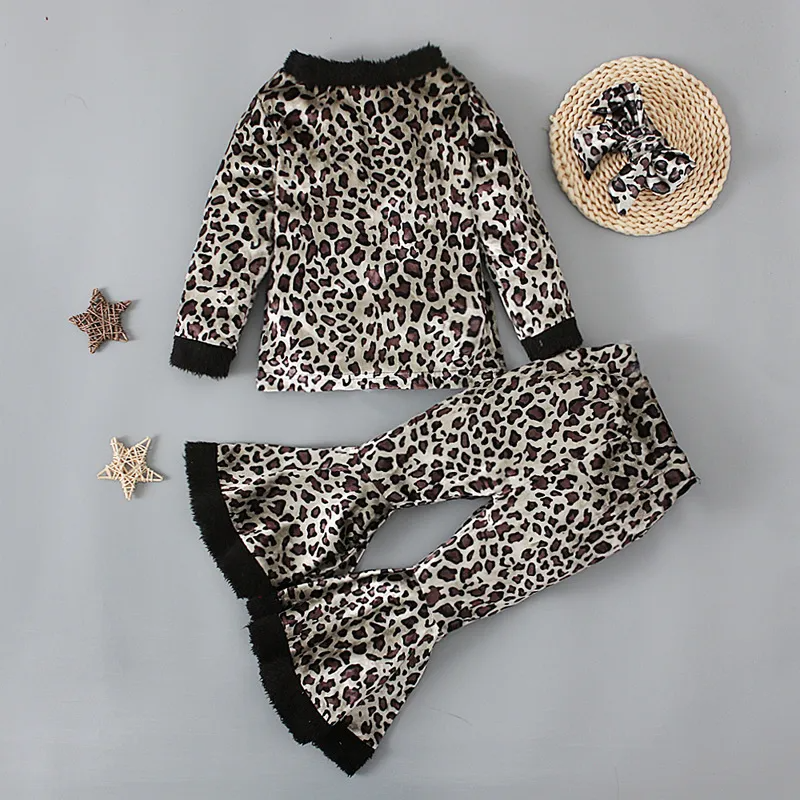 Children Kids Toddlers Girls Leopard Long-Sleeved Top And Flared Pants 2pcs Set