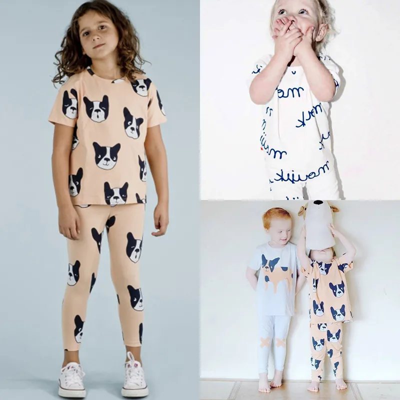 Children Kids Baby Fashion Girls Boys Basic Casual Short Sleeve Carton Print T-Shirt And Pants 2pcs Set